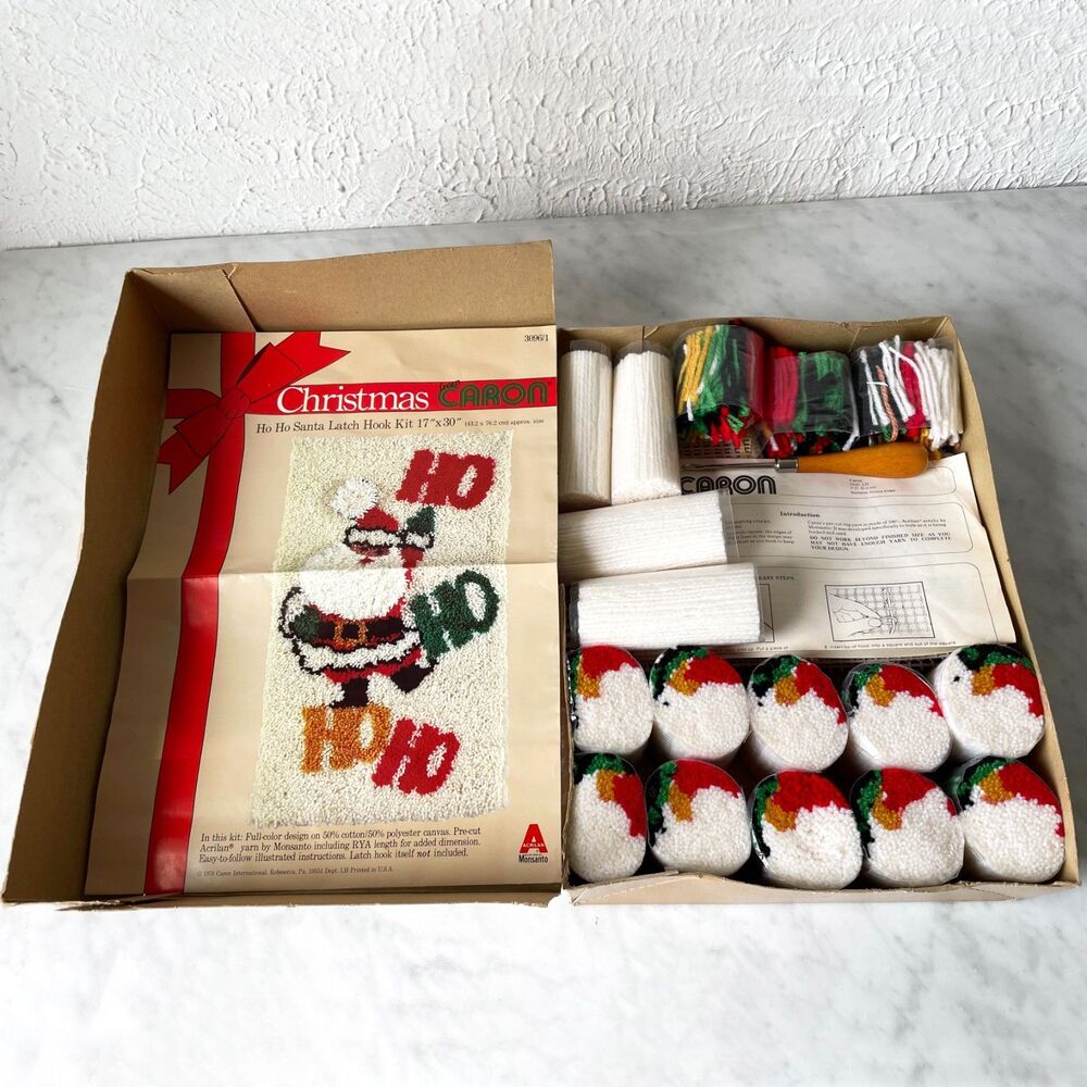 Vintage Caron Ho Ho Santa Latch Hook Kit 17x30 Christmas 3096/1 Partially Done